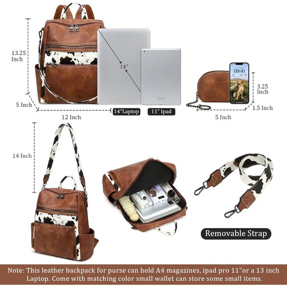 Leather Backpack Women Faux Leather Large Capacity Travel Work Daypack - Picture 3 of 7